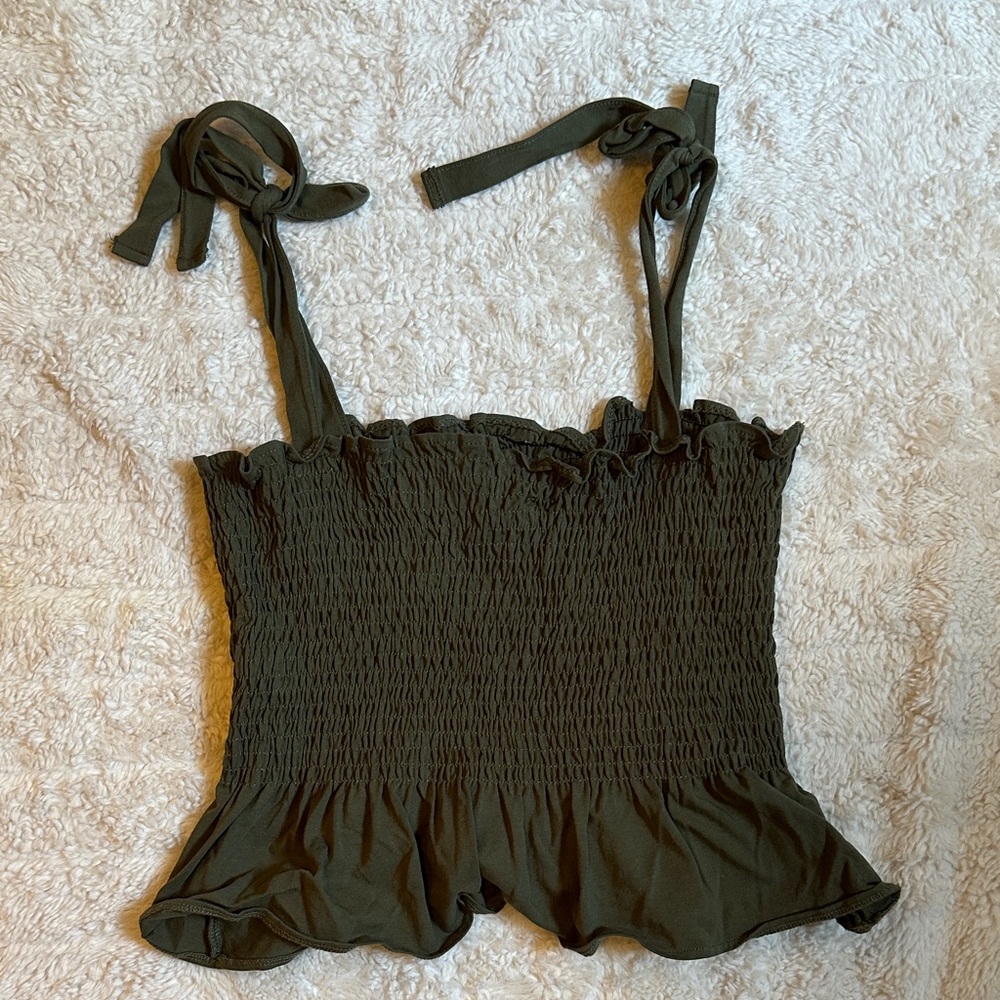Olive Green Smocked peplum Ruffle Tie Cami Top